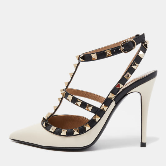 Original Valentino Off-White/Black Leather Rockstud Ankle Strap Pumps Size 39 (Never Used)