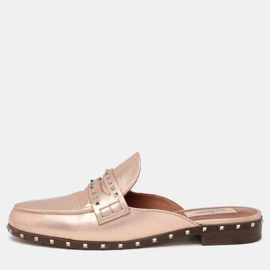 Original Valentino Metallic Rose Gold Leather Soul Rockstud Mules Size 36