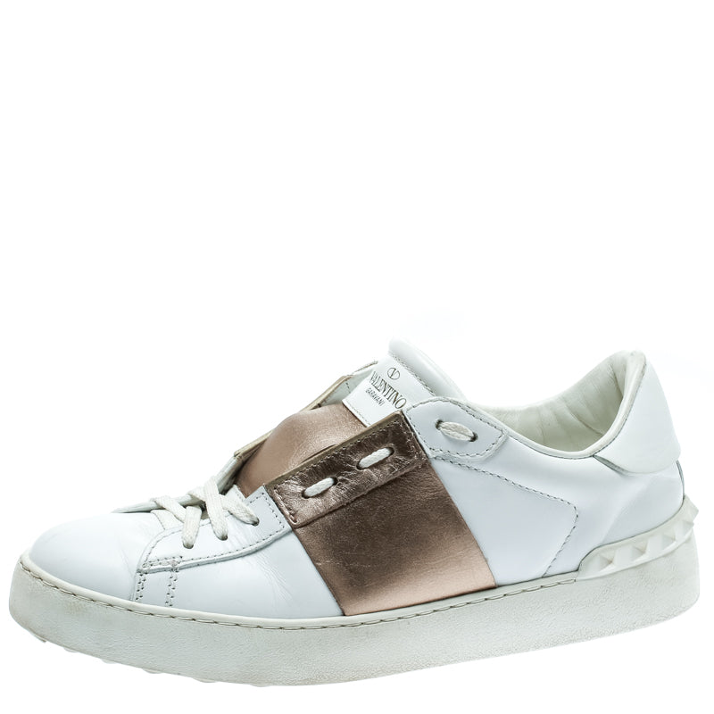 Original  Valentino White And Metallic Gold Band Leather Open Low Top Sneakers Size 39