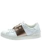 Original  Valentino White And Metallic Gold Band Leather Open Low Top Sneakers Size 39