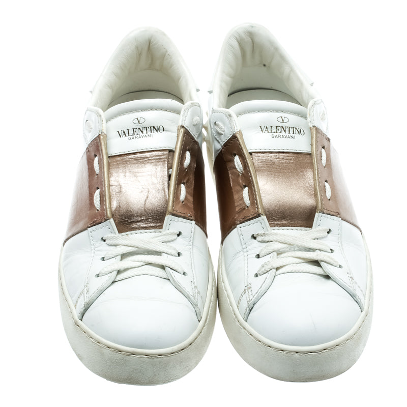 Original  Valentino White And Metallic Gold Band Leather Open Low Top Sneakers Size 39