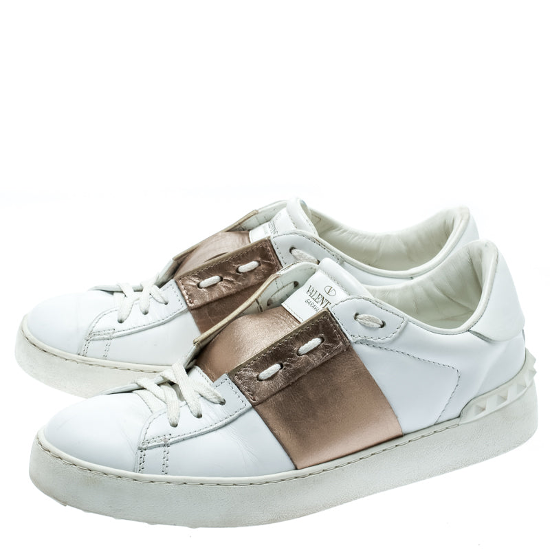 Original  Valentino White And Metallic Gold Band Leather Open Low Top Sneakers Size 39