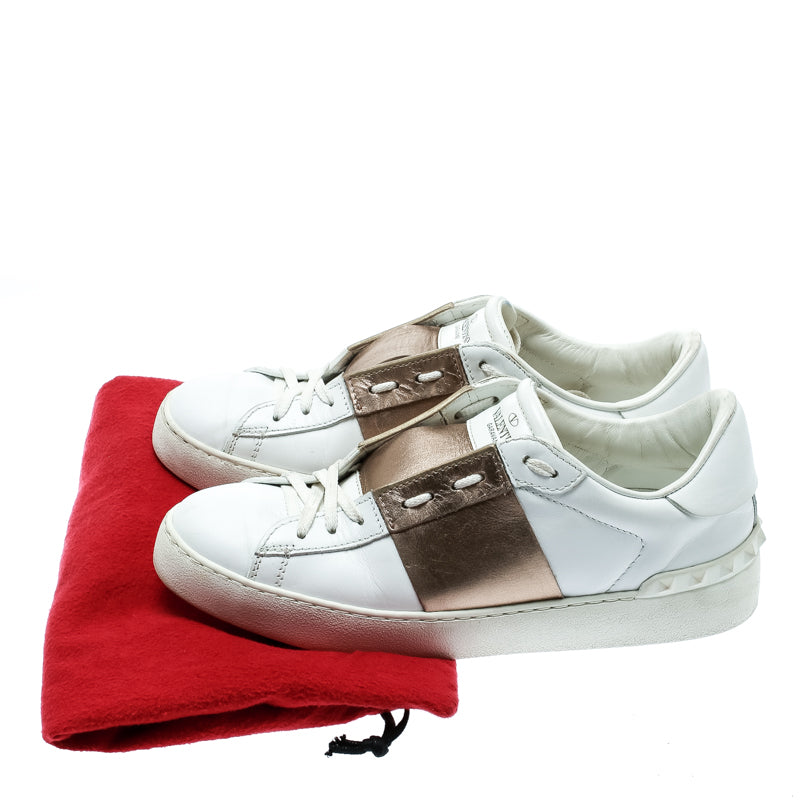 Original  Valentino White And Metallic Gold Band Leather Open Low Top Sneakers Size 39