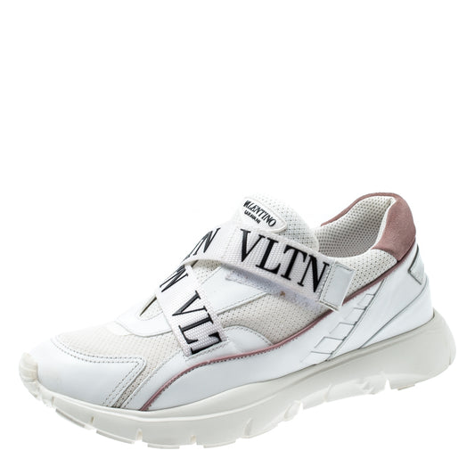 Original Valentino White/Pink Mesh And Leather VLTN Heroes Velcro Strap Sneakers Size 39