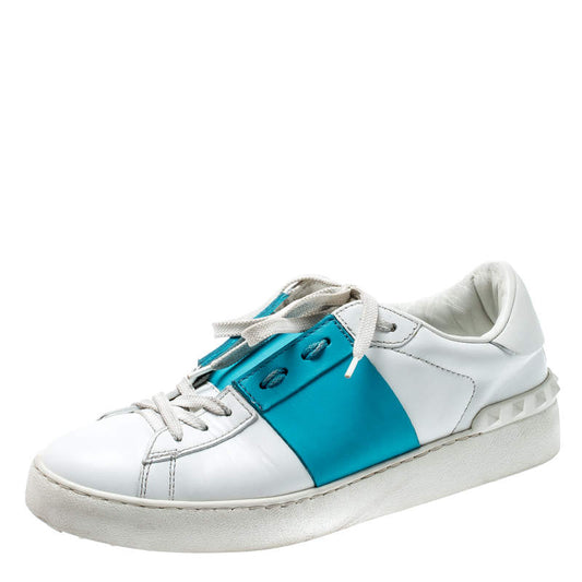 Original Valentino White And Blue Band Leather Open Low Top Sneakers Size 39