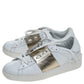 Original Valentino White And Gold Band Leather Open Low Top Sneakers Size 36