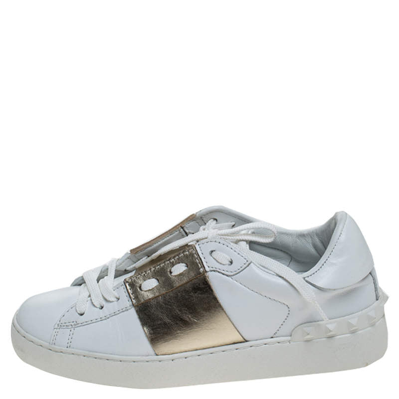 Original Valentino White And Gold Band Leather Open Low Top Sneakers Size 36