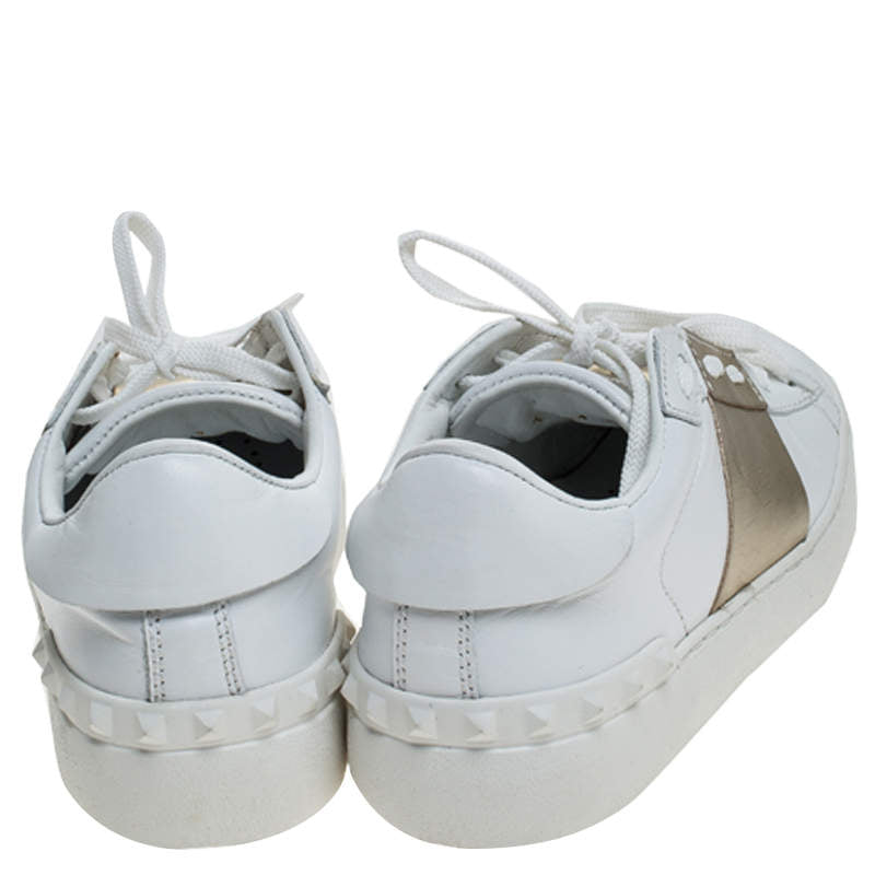 Original Valentino White And Gold Band Leather Open Low Top Sneakers Size 36