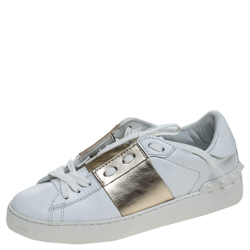 Original Valentino White And Gold Band Leather Open Low Top Sneakers Size 36