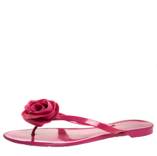 Original Valentino Pink Jelly Couture Rose Thong Flat Sandals Size 40