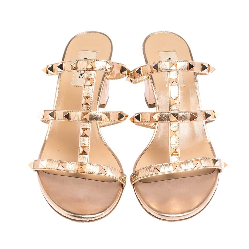 Original Valentino Metallic Rose Gold Rockstud Block Heel Cage Sandals Size 38