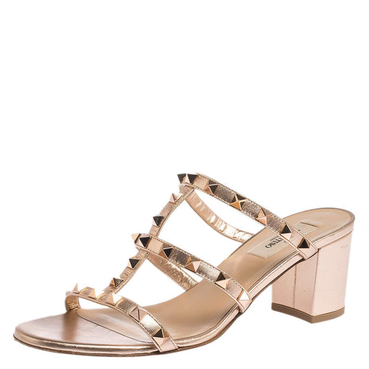 Original Valentino Metallic Rose Gold Rockstud Block Heel Cage Sandals Size 38