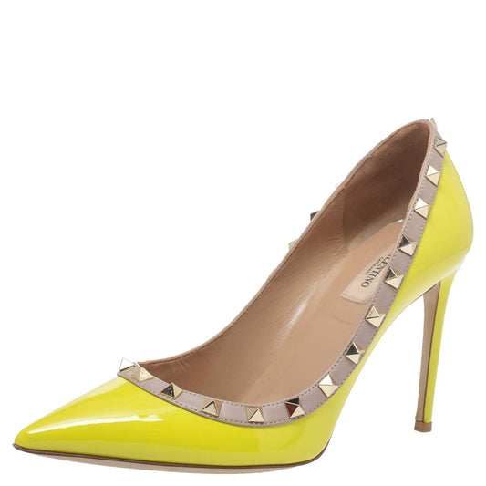 Original Valentino Yellow Patent Leather Rockstud Pointed Toe Pumps Size 39.5