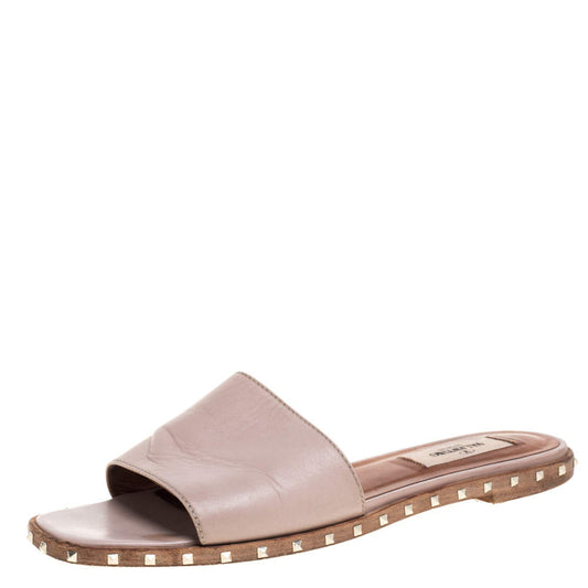 Original Valentino Old Rose Leather Soul Rockstud Flat Slides Size 36