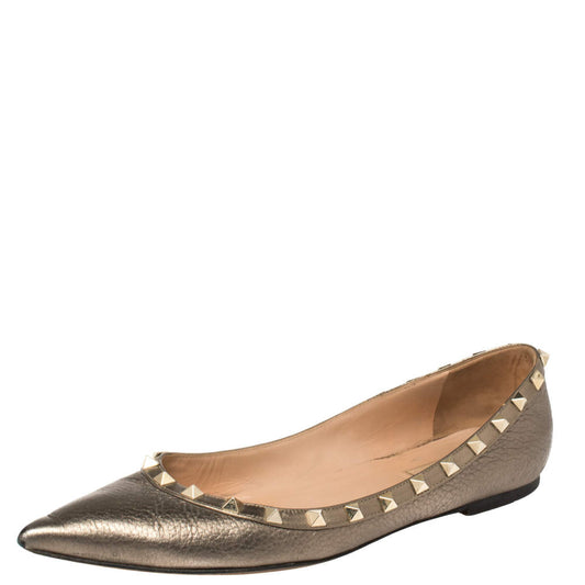 Original Valentino Metallic Leather Rockstud Ballet Flats Size 40.5