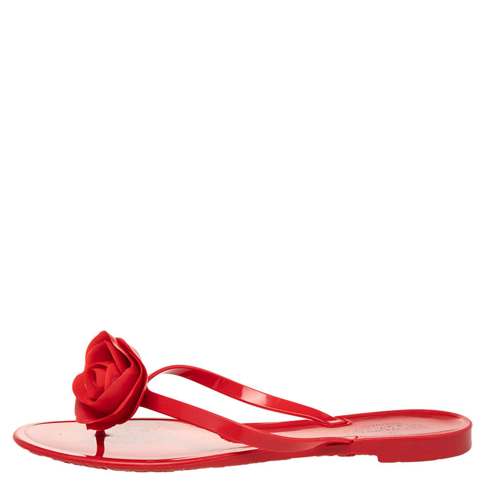 Original Valentino Red PVC Couture Rose Thong Flat Sandals Size 41