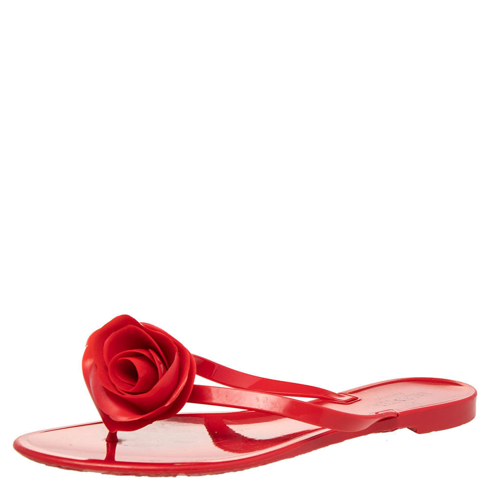 Original Valentino Red PVC Couture Rose Thong Flat Sandals Size 41