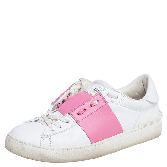 Original Valentino White/Pink Leather Rockstud Color Block Low Top Sneakers Size 39