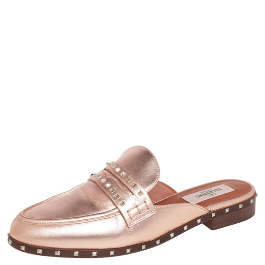 Original Valentino Rose Gold Leather Soul Rockstud Mules Size 36