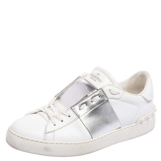 Original Valentino White/Silver Leather Open Low Top Sneakers Size 39.5