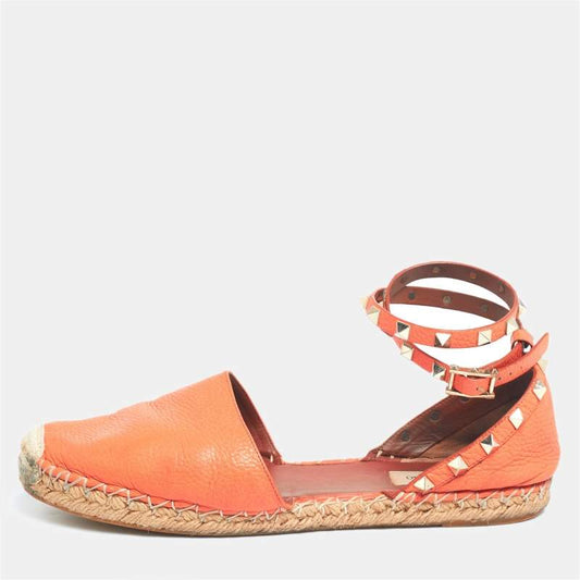 Original Valentino Orange Leather Rockstud Ankle Strap Espadrille Flats Size 40