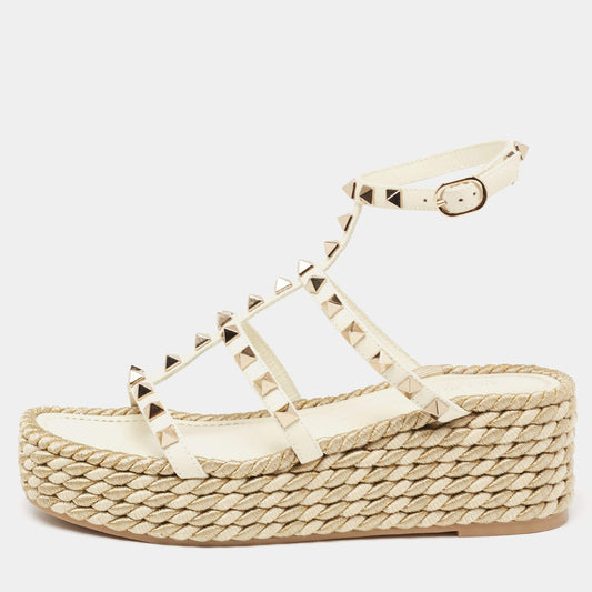 Original Valentino Off-White Leather Rockstud Platform Wedge Sandals Size 36