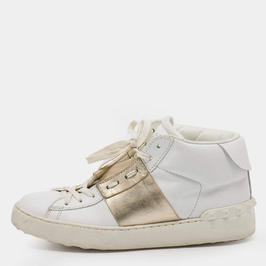 Original Valentino White/Gold Leather Rockstud Lace Up Sneakers Size 38