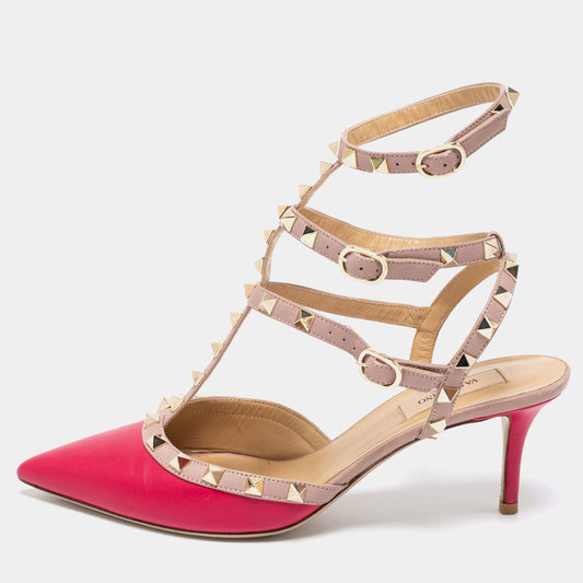 Original Valentino Two-Tone Leather Rockstud Ankle-Strap Pumps Size 39