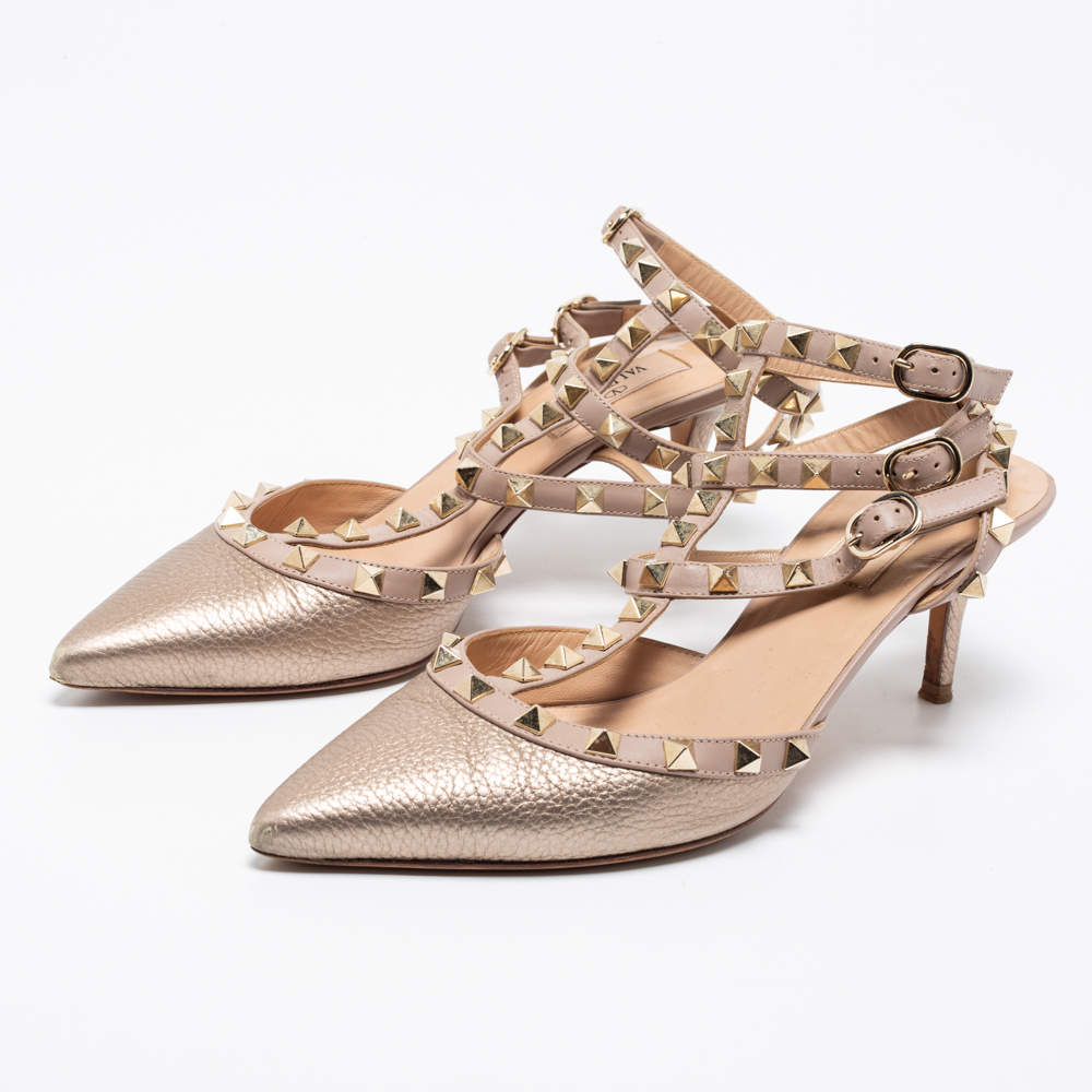 Original Valentino Rose Gold Leather Rockstud Ankle-Strap Pumps Size 37.5