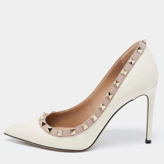 Original Valentino White/Beige Leather Rockstud Pointed Toe Pumps Size 37