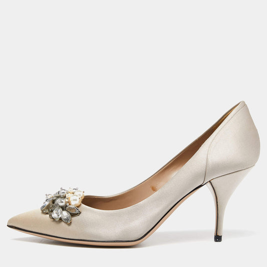 Original Valentino Grey Satin Crystal and Faux Pearl Embellished Pumps Size 37.5