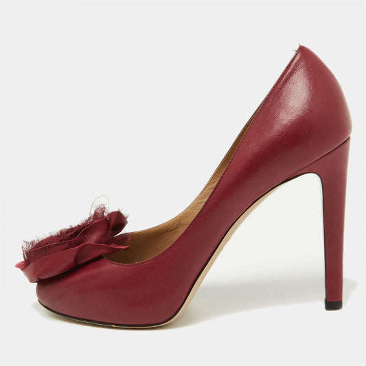 Original Valentino Burgundy Leather Rose Applique Peep Toe Pumps Size 37.5