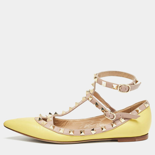 Original Valentino Yellow Leather Rockstud Strappy Ballet Flats Size 36