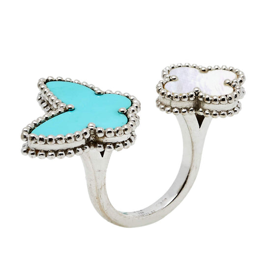 Original Van Cleef & Arpels Lucky Alhambra Turquoise Mother of Pearl 18k White Gold Between the Finger Ring Size 53