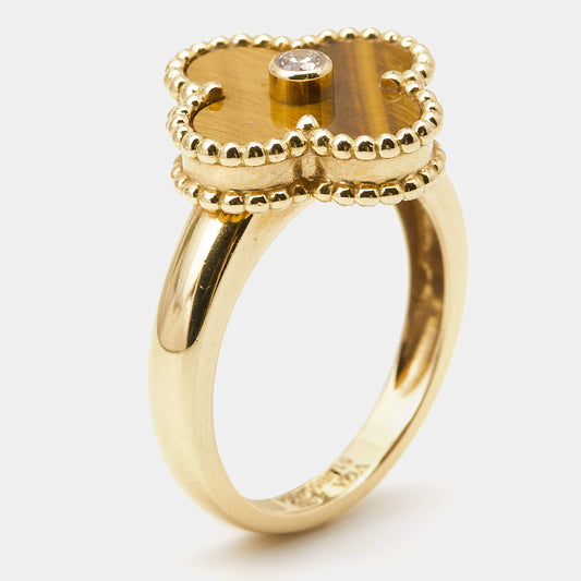 Original Van Cleef & Arpels Vintage Alhambra Tiger's Eye Diamond 18k Yellow Gold Ring Size 51