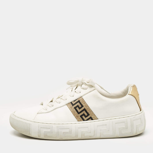 Original Versace White/Gold Leather Greca Low Top Sneakers Size 40