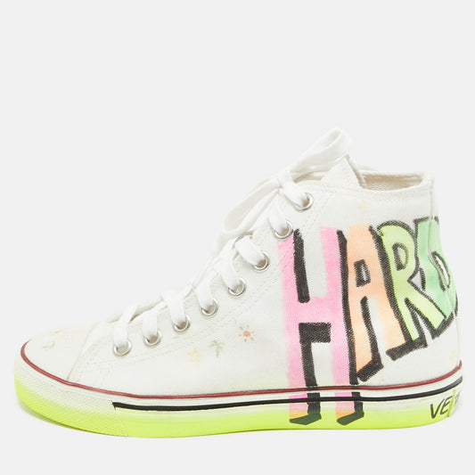 Original Vetements White Canvas Printed Hard Core Happiness High Top Sneakers Size 36.5