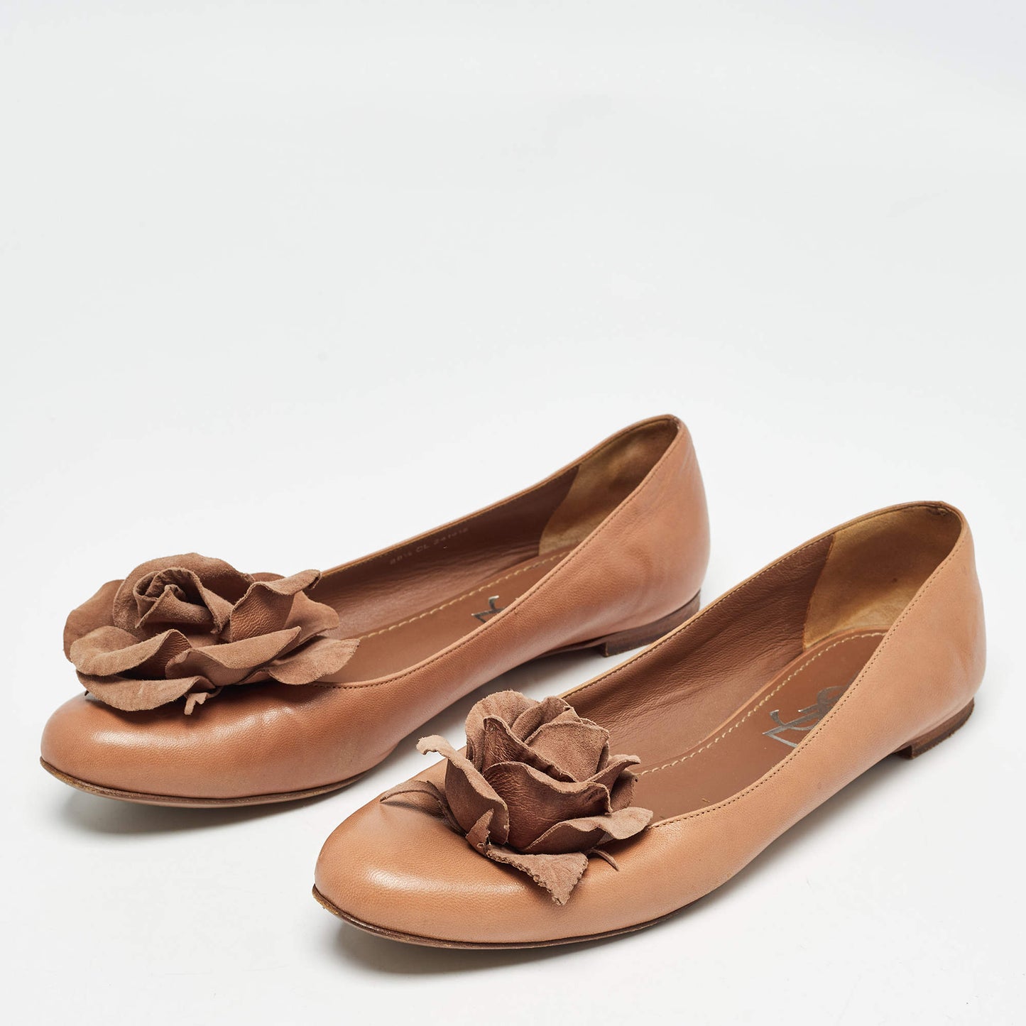 Original Yves Saint Laurent Brown Leather Rose Applique Ballet Flats Size 38.5