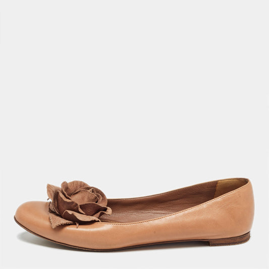 Original Yves Saint Laurent Brown Leather Rose Applique Ballet Flats Size 38.5