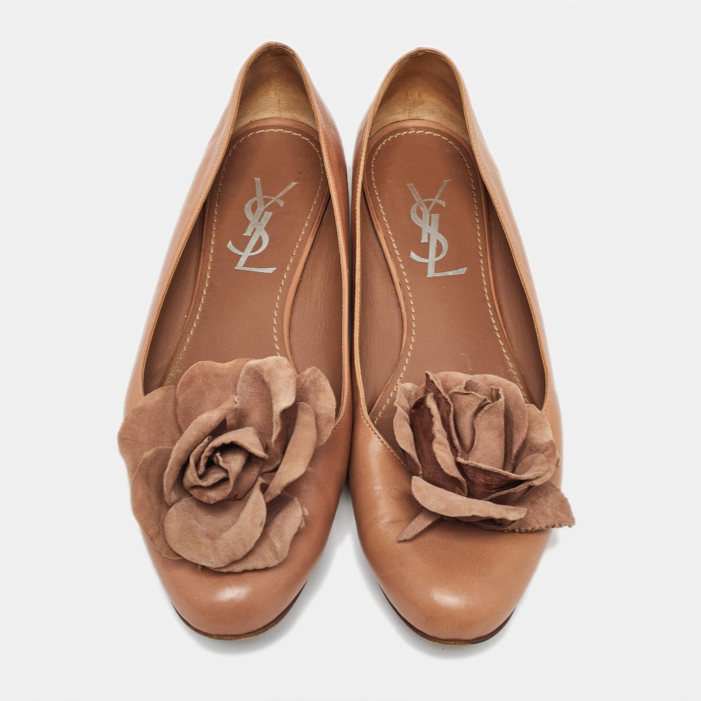 Original Yves Saint Laurent Brown Leather Rose Applique Ballet Flats Size 38.5