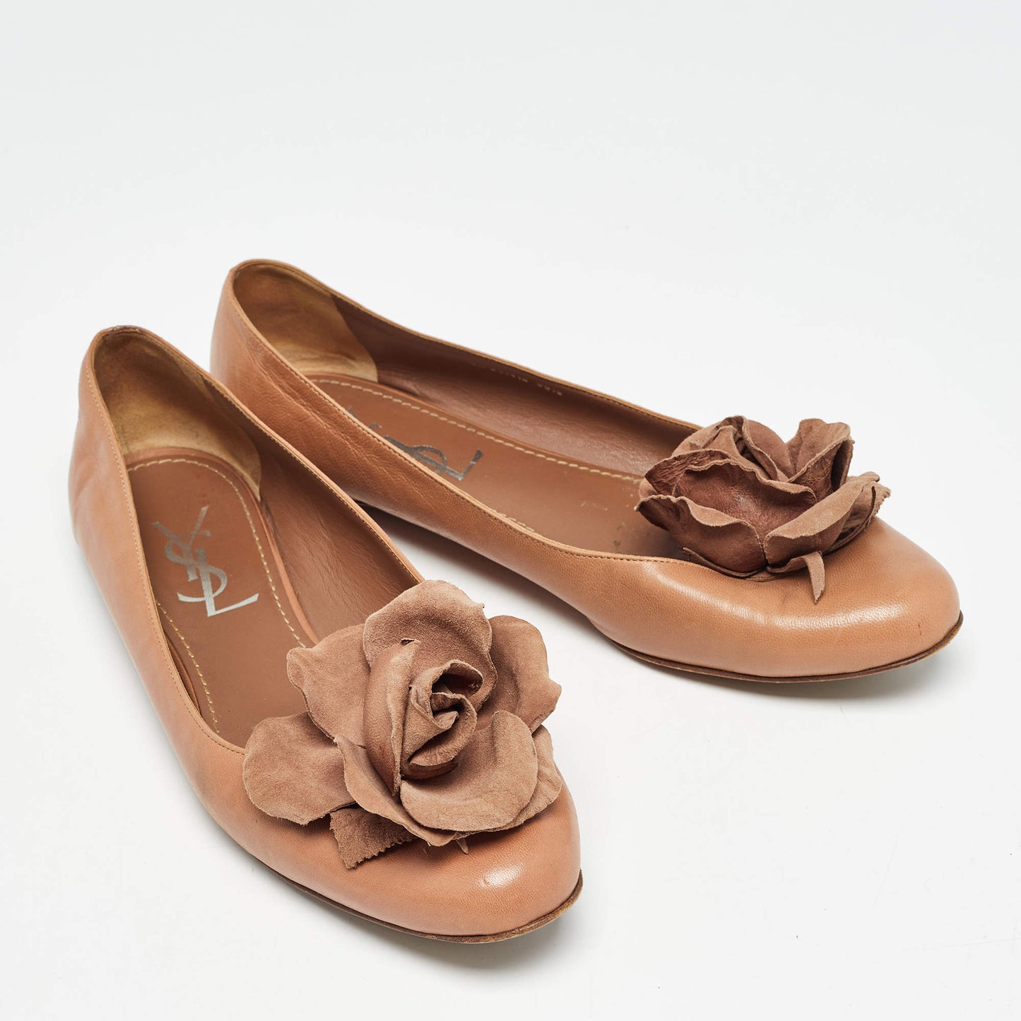 Original Yves Saint Laurent Brown Leather Rose Applique Ballet Flats Size 38.5