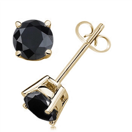 Original Maulijewels 0.20 Carat Natural Round Black Diamond Prong Set Stud Earring In 14K Black & Yellow Gold