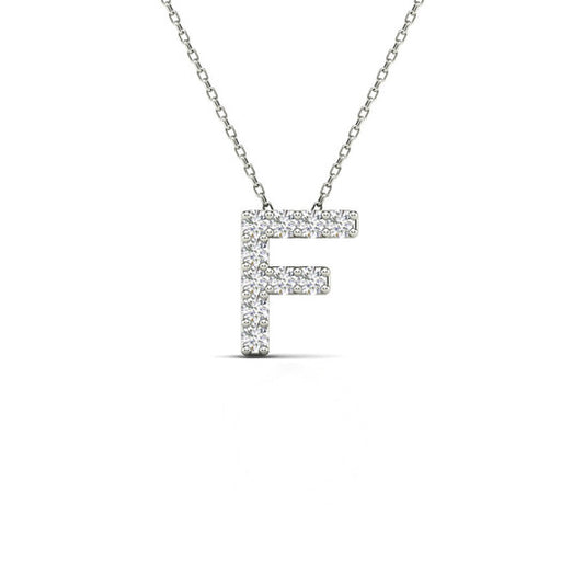 Original Maulijewels 0.10 Carat Natural Diamond Initial " F " Necklace Pendant For Men's/ Women In 14K Solid White Gold With 18" Cable Chain