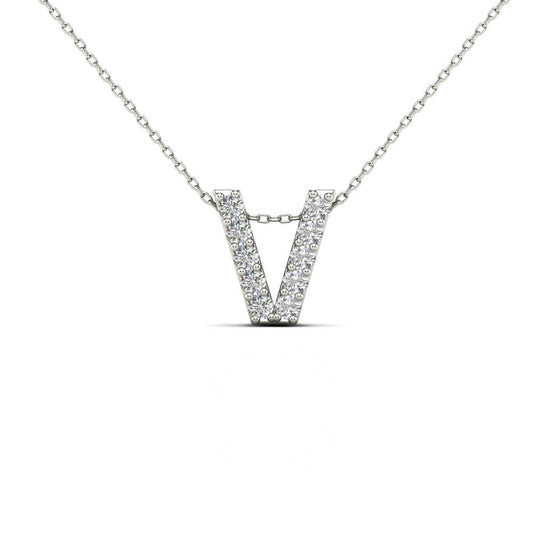 Original Maulijewels 0.10 Carat Natural Diamond Initial " V " Pendant Necklace In 14K White Gold With 18" Cable Chain