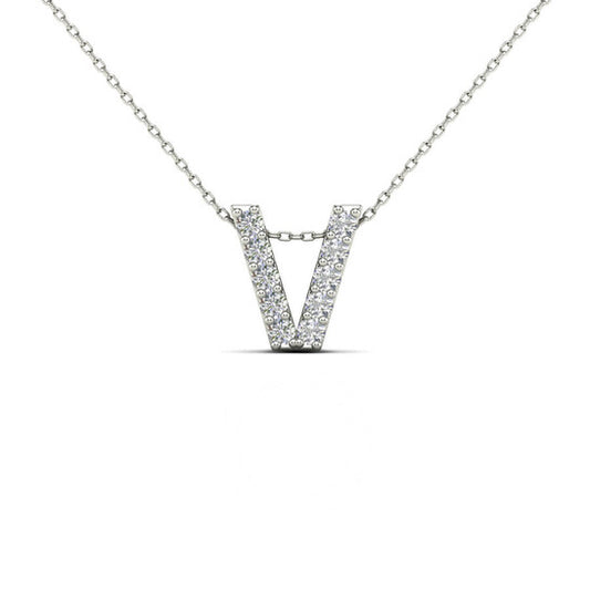 Original Maulijewels 0.10 Carat Natural Diamond Initial " V " Pendant Necklace In 14K White Gold With 18" Cable Chain