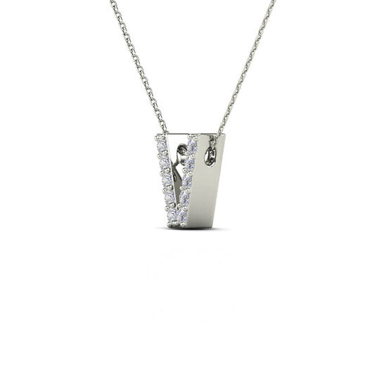 Original Maulijewels 0.10 Carat Natural Diamond Initial " V " Pendant Necklace In 14K White Gold With 18" Cable Chain