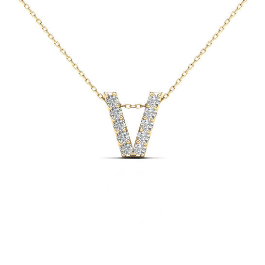 Original Maulijewels 0.10 Carat Natural Diamond Initial " V " Pendant Necklace In 14K Yellow Gold With 18" Cable Chain