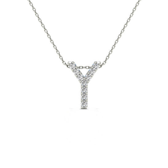 Original Maulijewels 0.10 Carat Natural Diamond Initial " Y " Pendant Necklace In 14K White Gold With 18" Cable Chain