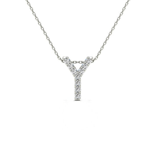 Original Maulijewels 0.10 Carat Natural Diamond Initial " Y " Pendant Necklace In 14K White Gold With 18" Cable Chain