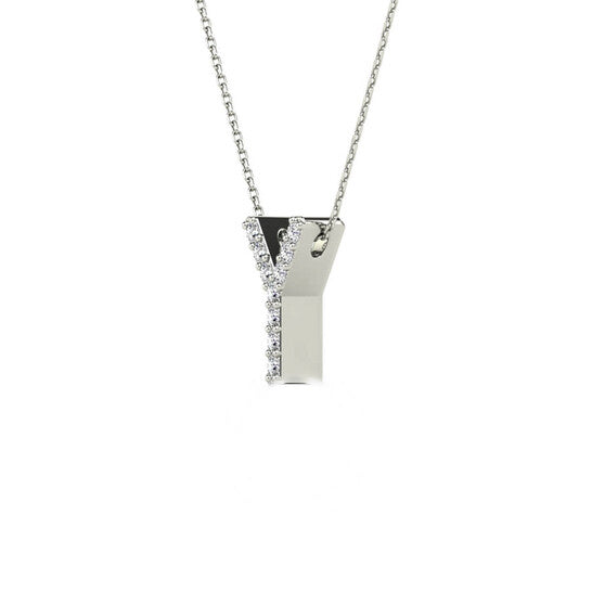 Original Maulijewels 0.10 Carat Natural Diamond Initial " Y " Pendant Necklace In 14K White Gold With 18" Cable Chain